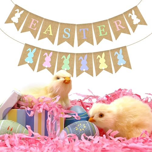 Miniatura 7 de Doumeny Guirnalda colorida de arpillera de Pascua, 2 unidades, diseño de conejo, pancarta de fiesta de Pascua para chimenea, suministros de fiesta