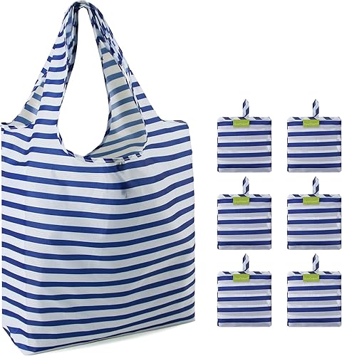 BeeGreen Bolsas de comestibles reutilizables a rayas plegables a granel, paquete de 6 bolsas de compras reutilizables con geometría, extra grandes,