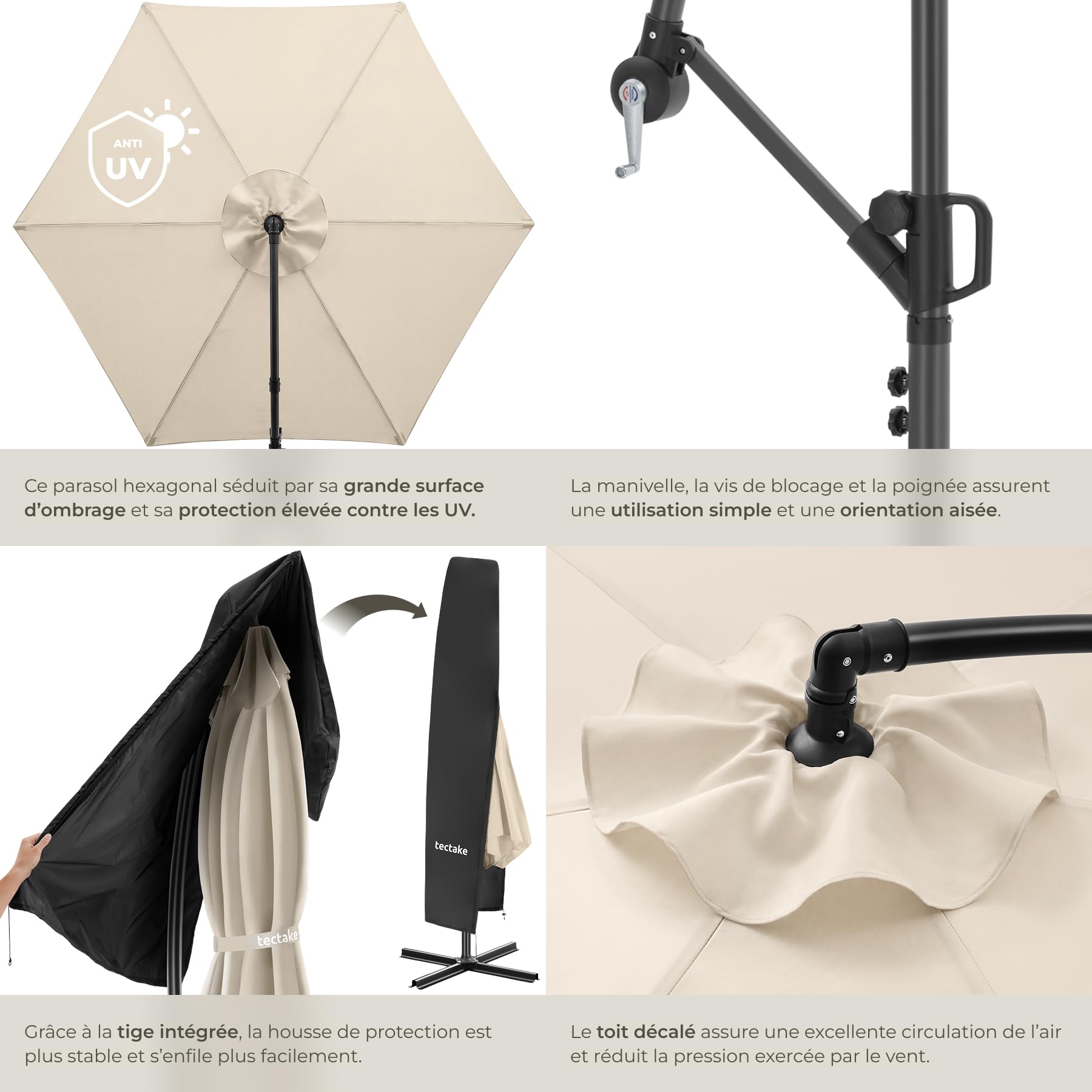 tectake® Parasol déporté à pied, 3,5 x 3,5 m, Pivotant à 360°, Inclinable de 90° à 135°, Protection UV 50+, Double-toit, Parasol de jardin exterieur, Terrasse, Balcon, Piscine, Divers Coloris