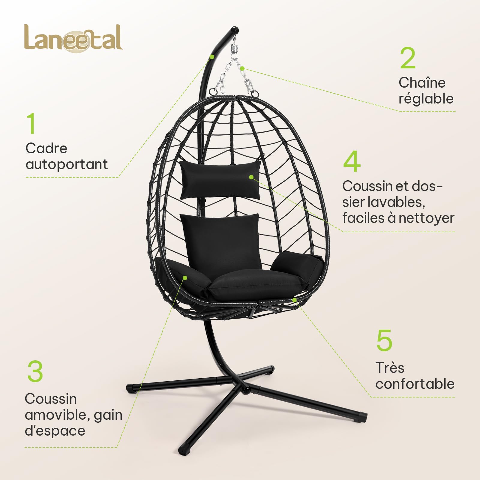 Laneetal Fauteuil Oeuf Suspendu, Chaise Balançoire, avec Support en Métal, Coussin de Siège et Appui-tête, Charge 150kg, Rotin PE, pour Jardin, Balcon, Terrasse, 102x100x196cm, Anthracite