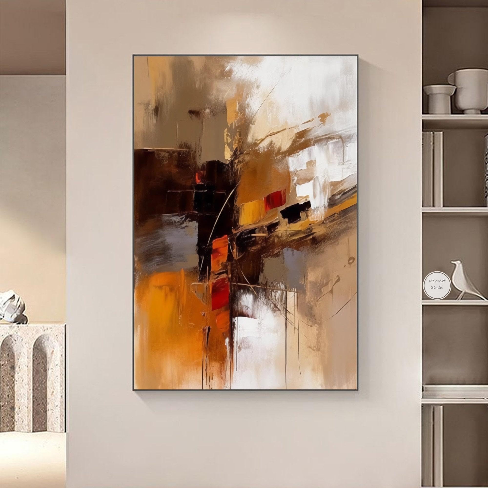 Peintures murales abstraites marron, impressions d'art mural à texture blanche, grandes images murales modernes sur toile orange pour salon 60x80cm (24x31 pouces) cadre noir