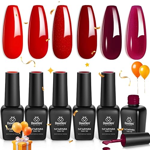 Beetles - Juego de esmaltes de uñas de gel rojo 6 colores kit de esmalte de gel de secado LED