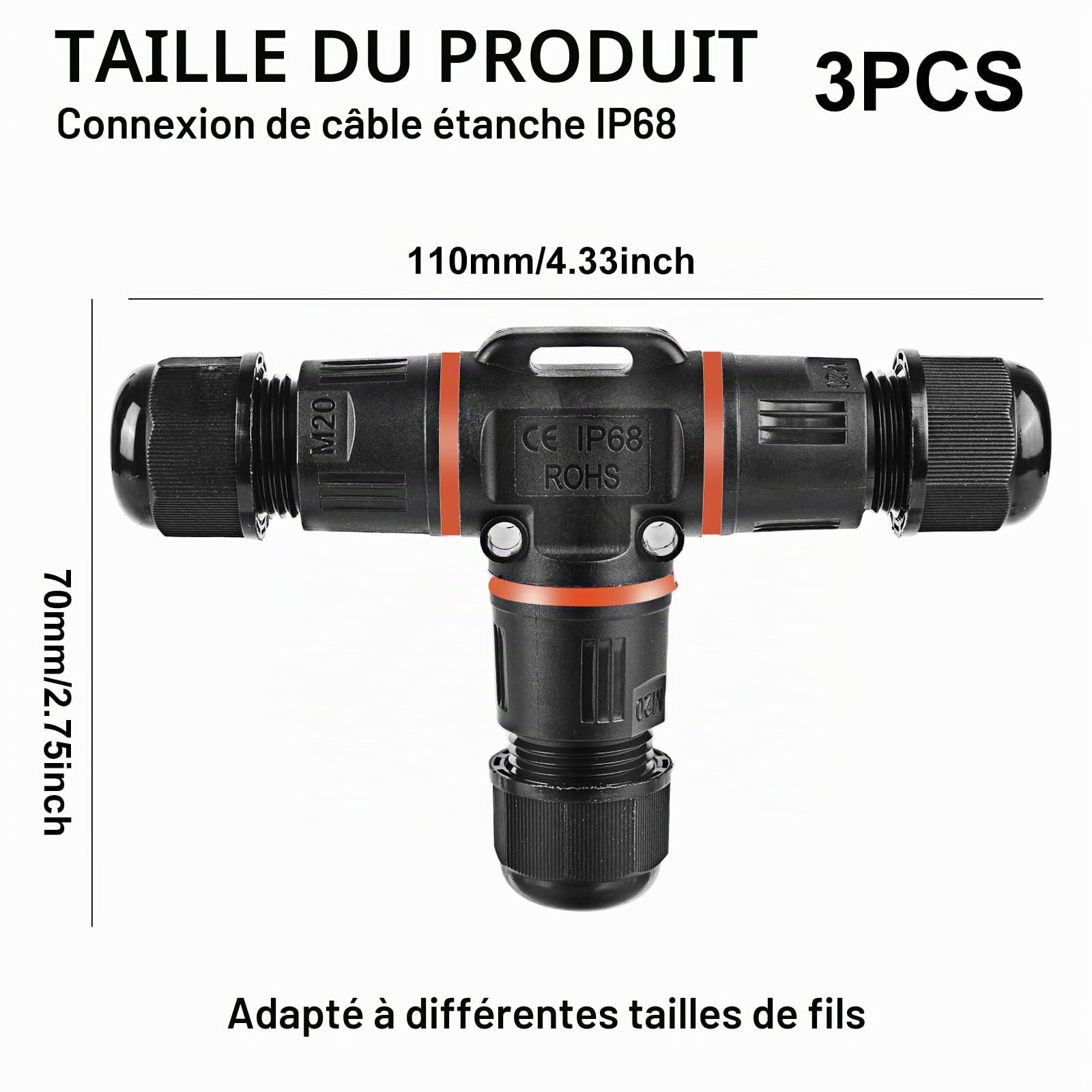 Connecteur de câble à 3 broches, IP68, boîte de jonction pour câble de terre de 3 à 12 mm de diamètre, boîte de jonction extérieure étanche, noir