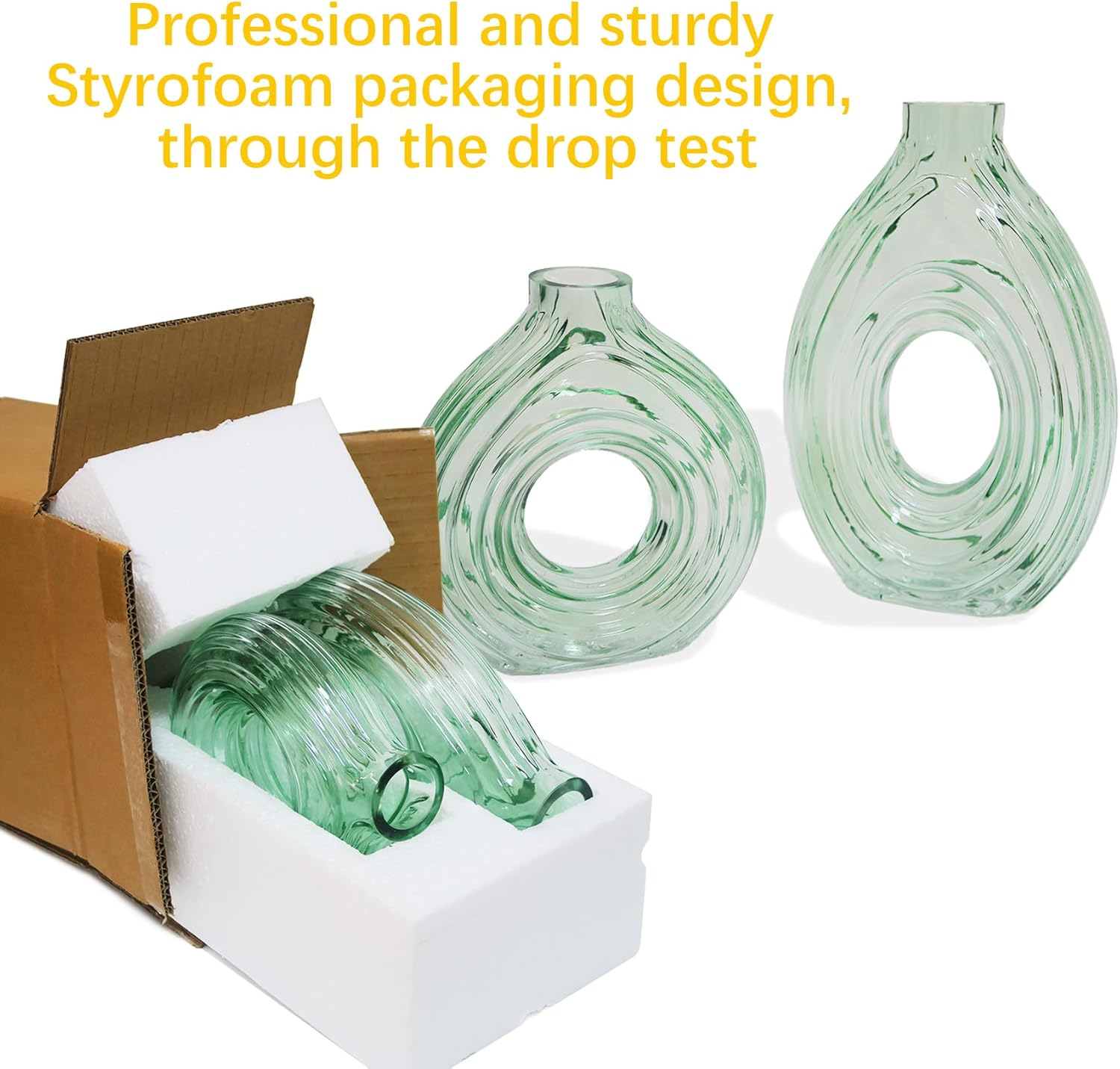 Glass Flower Vase 2 Set of Green Thickened Heavy Vintage Large Vases for Minimalist Nordic Retro Modern Ins Boho Style Parties Wedding Decorations, Office Home Decor, Housewarming Gift (2Pack, Green)