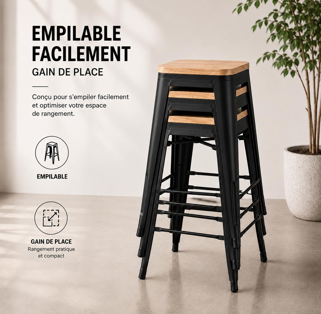 Kosmi Lot de 4 Tabourets de Bar Industriels 66 cm – Structure en Métal Noir Mat, Assise en Bois Clair, Style Loft Vintage, Cuisine, Îlot Central, Bar, Restaurant, Montage Facile