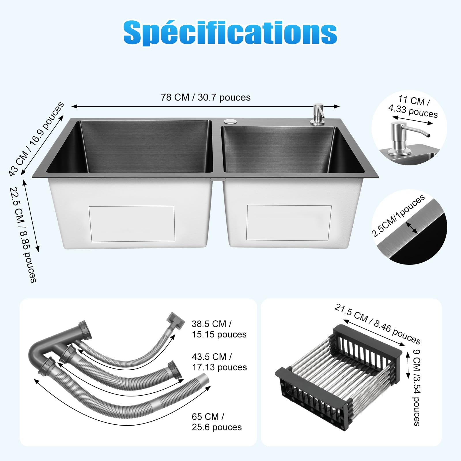 Lavello doppio in acciaio inox, 78 x 43 cm, lavello commerciale, lavello da cucina, in acciaio inox, doppio lavandino, rettangolare, con superficie di sgocciolamento, adatto per cucina