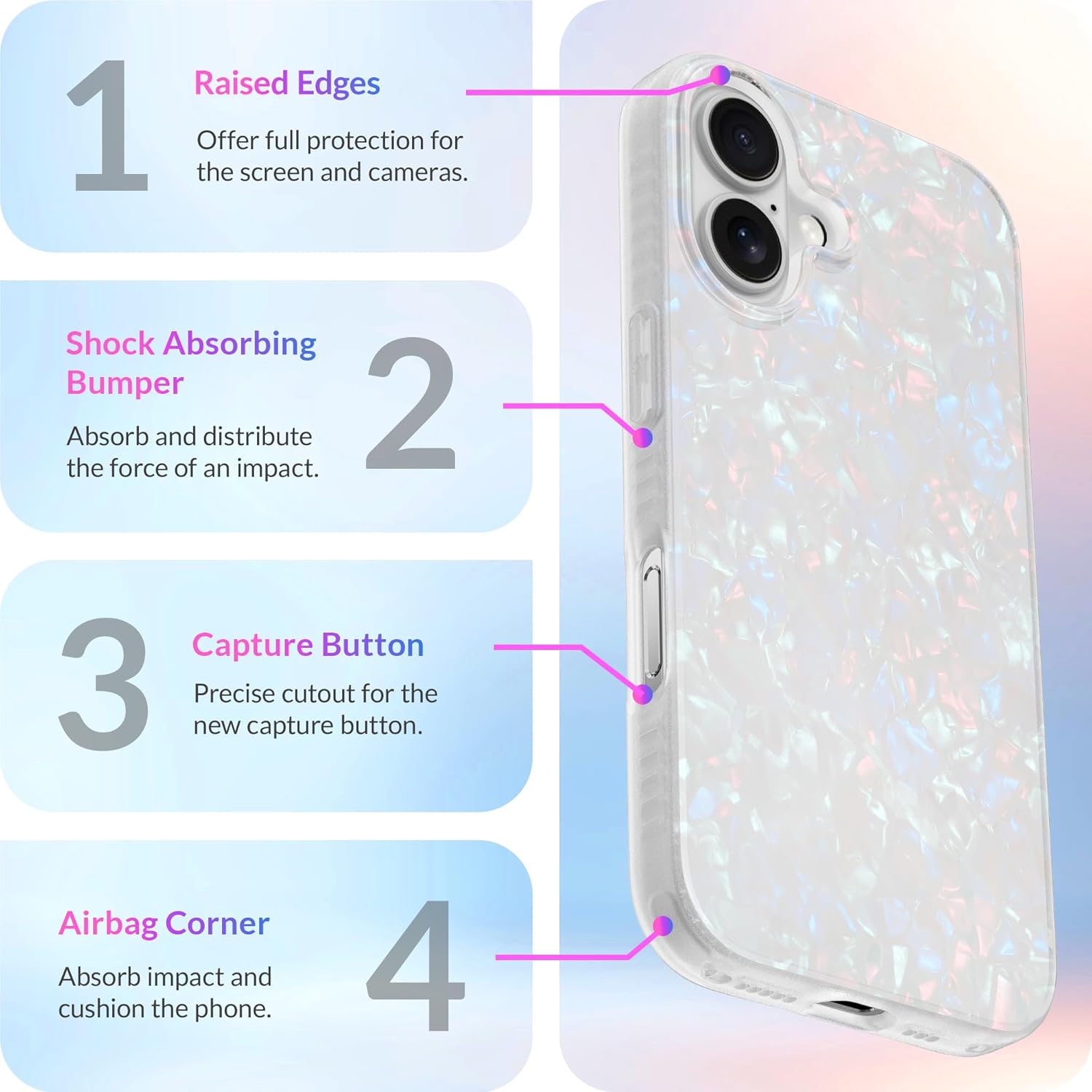 LONLI Hue Case for iPhone 16 - [360° Shock-Absorbent Bumper] - [Cute and Unique Phone Cover for Girls and Women] - White Pearl Tort - Image 6