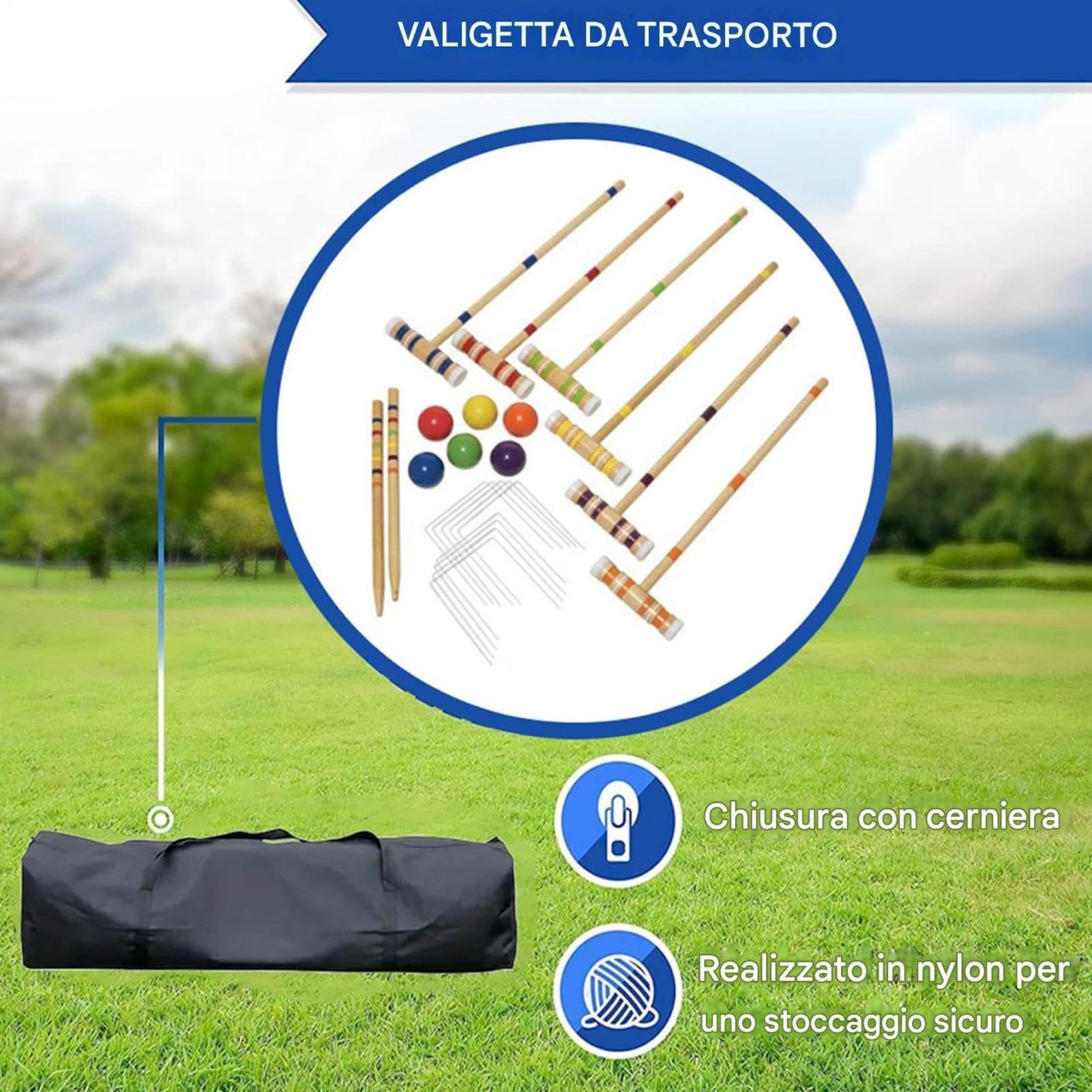 Juego de juego de pelota, juego de croquet 6 jugadores Juegos familiares al | Juego de bolos de madera reutilizable, kit deportivo al aire libre para hombres, mujeres