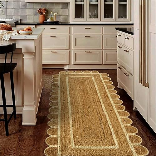 Miniatura 8 de GRUHUM Alfombra de yute festoneado de 2 pies 6 pulgadas x 6 pies, base natural, ribete blanco roto, tejida a mano, reversible, suave, trenzada, de