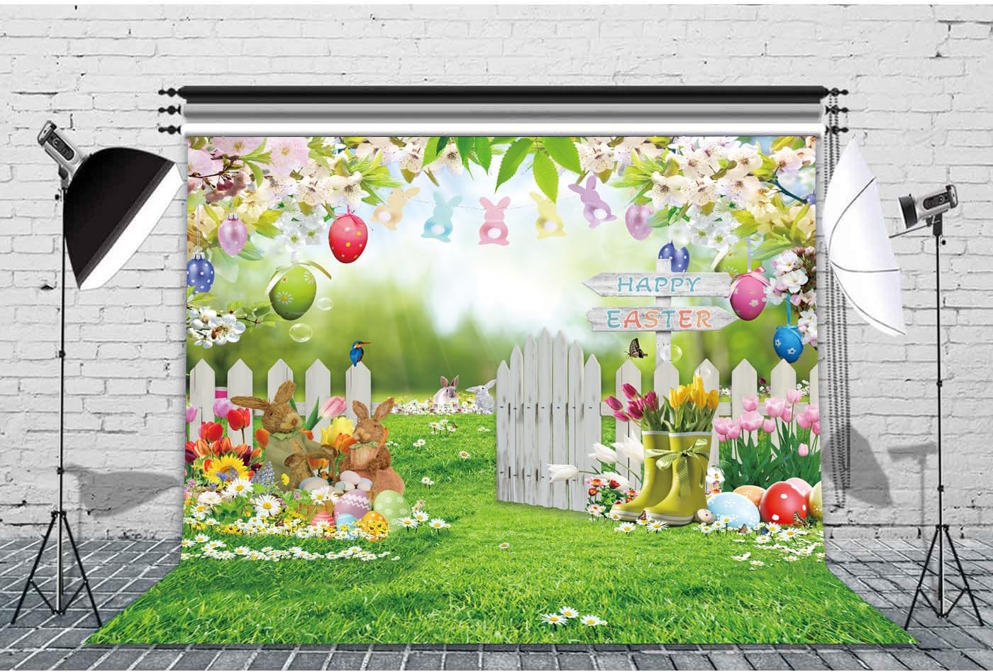 10X8FT Spring Easter Garden Photography Backdrop Easter Backdrops for Photography Green Grass Lawn Pink Floral Fence Background Baby Children Birthday Party Decorations Banner DH-1104