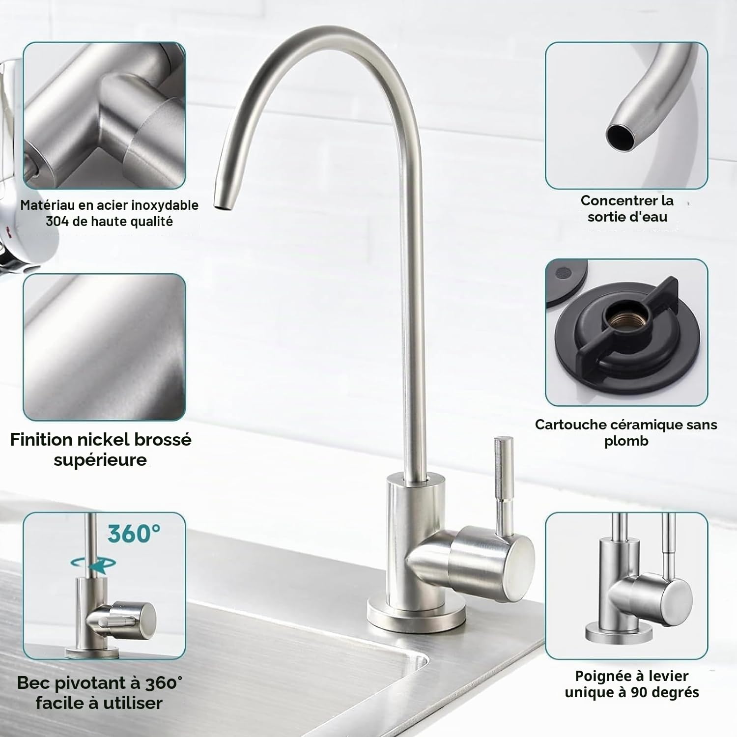 Robinet de Filtre à Eau Inox 1/4", 360° Pivotant pour Osmose Inverse Sous Évier