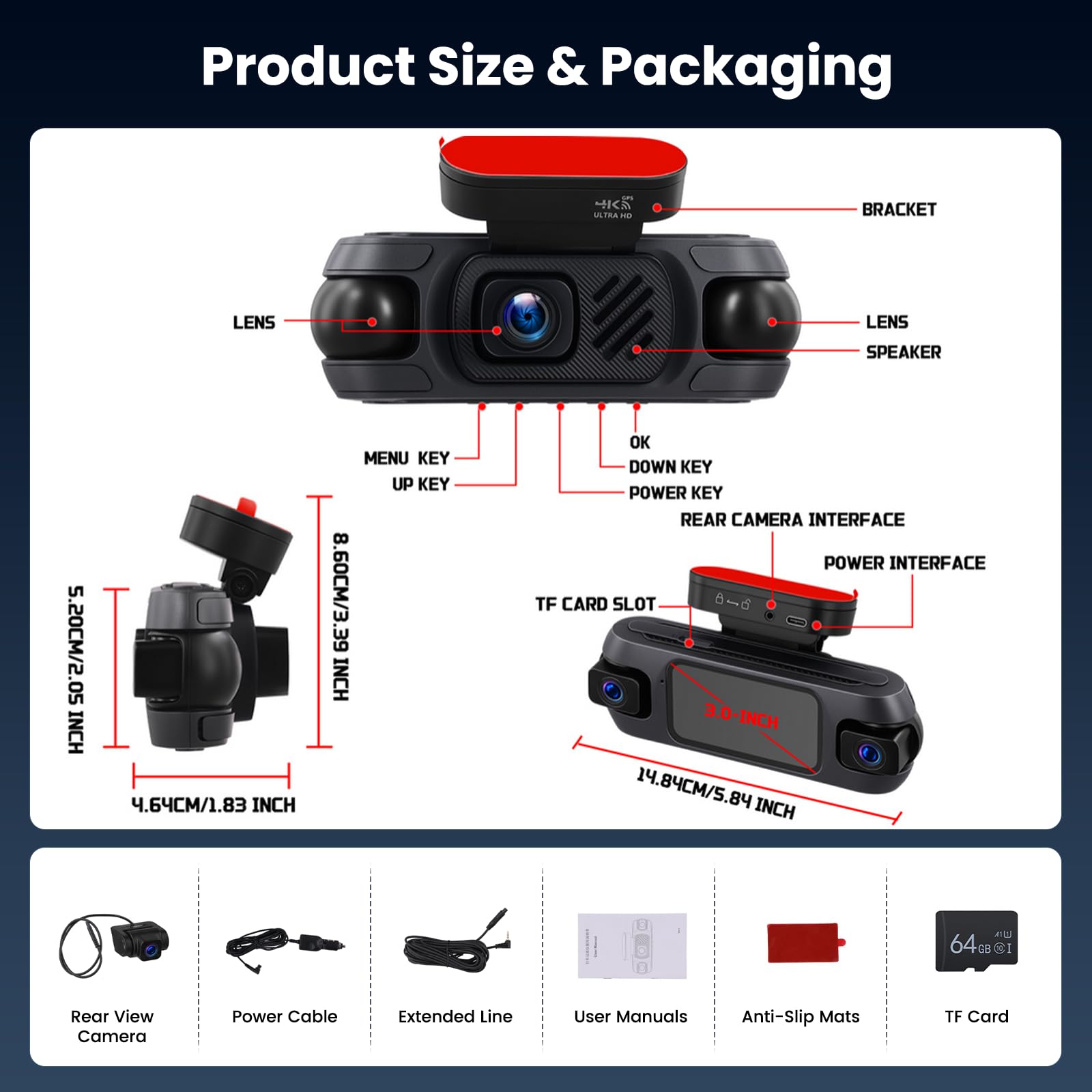 Dash CAM 4 Canales WiFi 4K Delantero Pantalla 3" 64GB | GPS. G-Sensor. Bucle. BSD. Visión Nocturna. Monitor Aparcamiento 24h