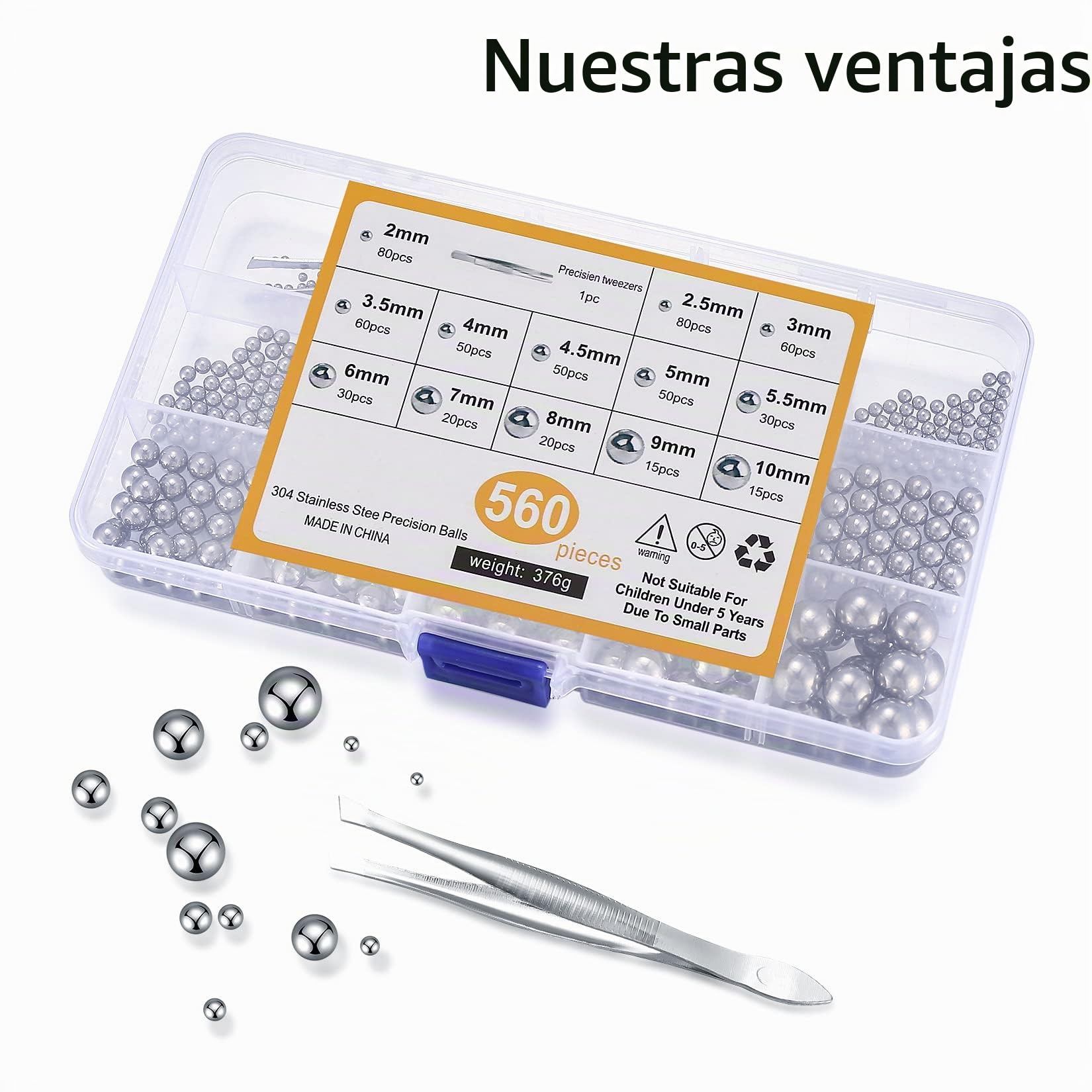 Bolas de Rodamiento de Acero Inoxidable 560 Pcs, Bola de Precisión Metálica 2-10 mm para Ruedas de Bicicleta y Rodamientos de Patineta