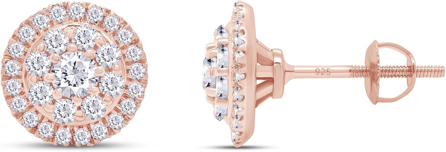 Halo Cluster Stud Earrings for Women Round Lab Created Moissanite or Lab Grown Diamond Small Ear Studs with Screw Back in 14k Gold Plated 925 Sterling Silver Jewelry Gift for Her