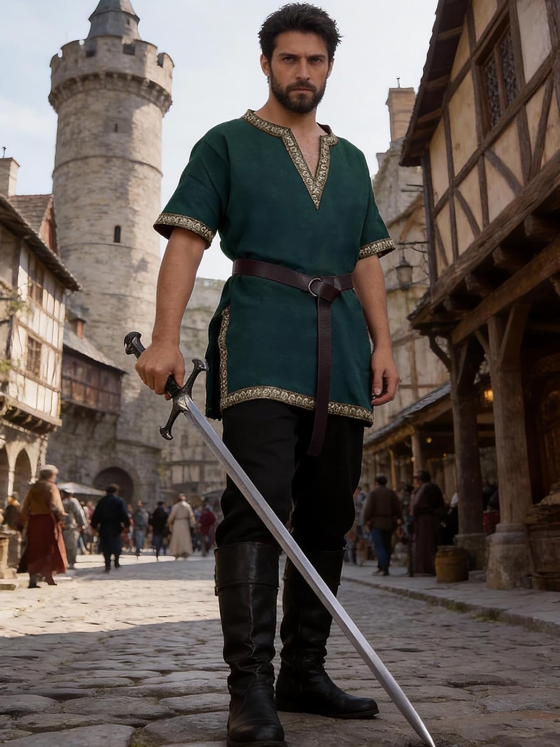 Renaissance Medieval Knight Costume for Men - 3PC Pirate Viking V-neck Tunic Set Halloween Cosplay Outfit - Image 5