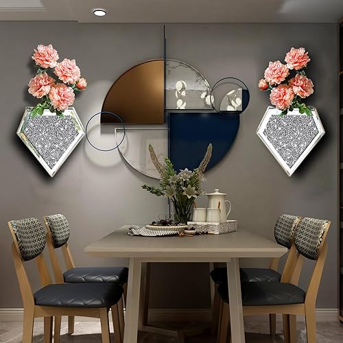 Miniatura 2 de Florero colgante de diamante triturado y contenedor con espejo de decoración geométrica, juego de 2 jarrones decorativos en forma de diamante de