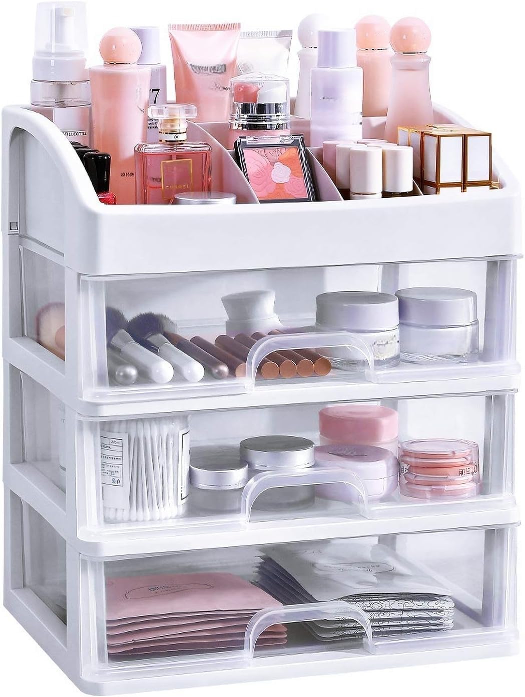 Simbuy Clear Makeup Organizer with 3 Drawers, Bathroom Organizer and Storage, Ideal for Desk and Dresser Vanity Countertop, Great for Cosmetics, Skincare, Perfume,Toiletry