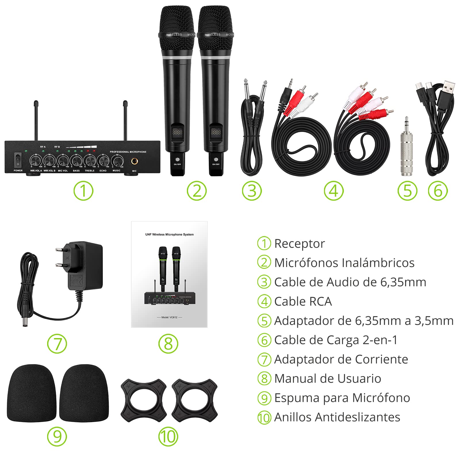 LiNKFOR Sistema de Micrófono Inalámbrico Bluetooth 5,0 UHF Micrófono Dual Recargable con Control de Volumen Agudos Bajos Eco para Karaoke Fiestas Bodas DJ Iglesia Amplificadores Altavoces
