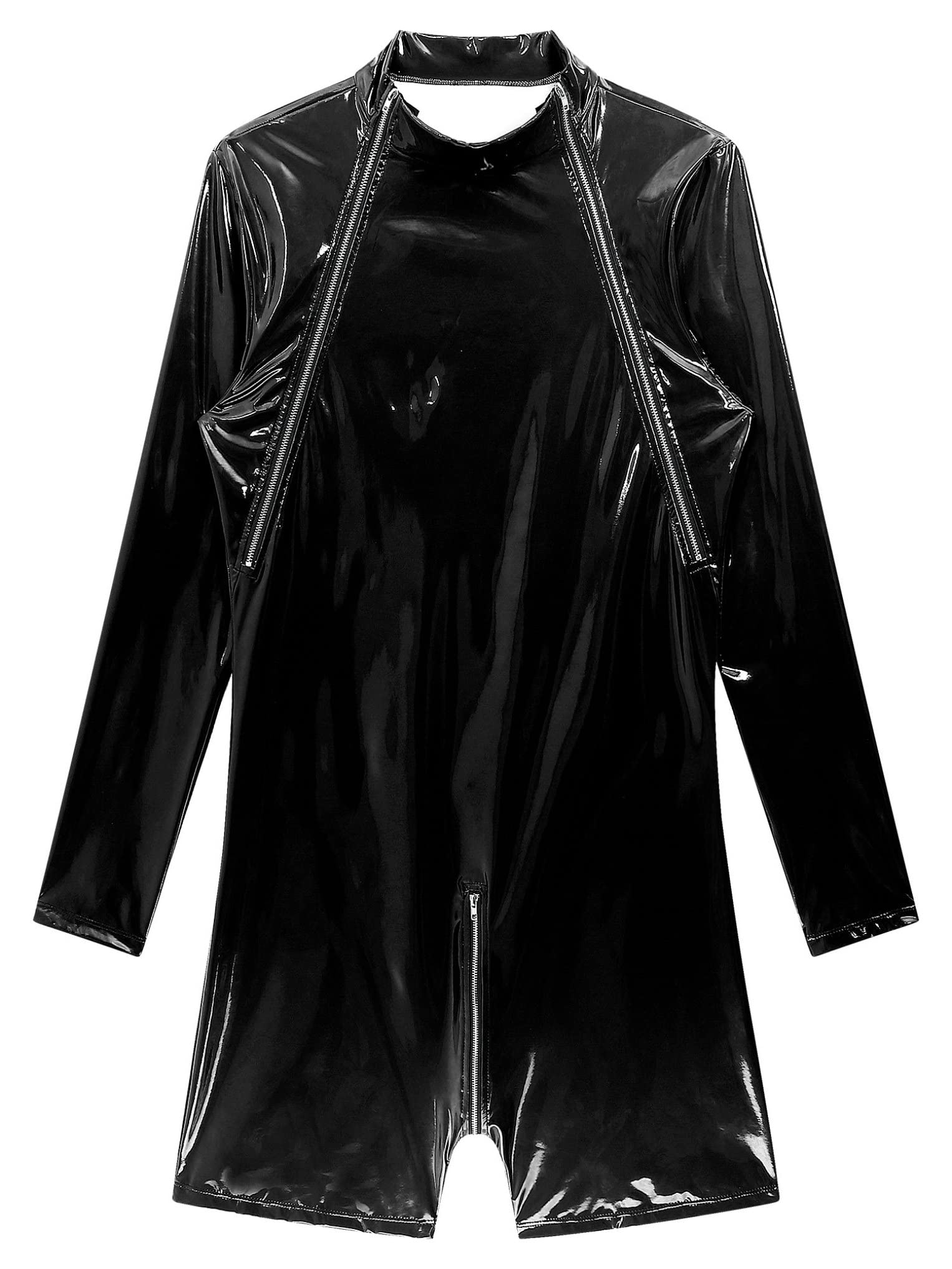 Doomiva Catsuit en Cuir Sexy pour Hommes Combinaison Manches Longues Gilet en Latex de Conception PU Zipper Vêtements de Gilet de Fête de Club