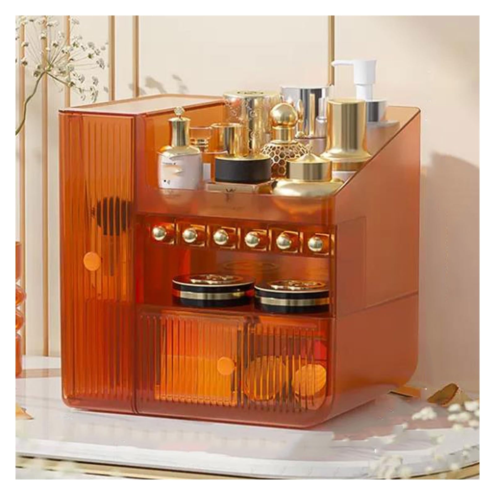 Z4T8M2K6G5 Skincare Organiser Makeup Organizer Cosmetic Storage Box With Drawers,Fits Lipsticks, Brushes,Jewellery,Make Up Case For Dresser, Bedroom, Bathroom(Orange)