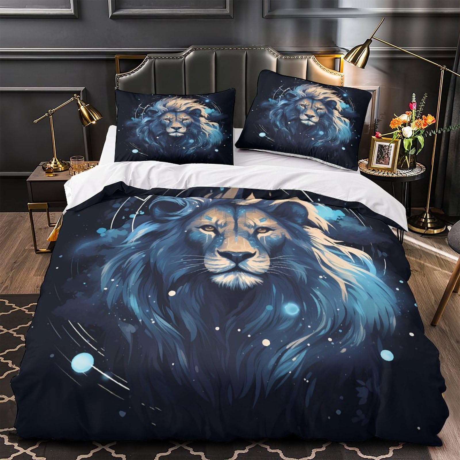 Housse de couette Lion 3D 140x200 cm en microfibre douce pour lit enfant et adulte