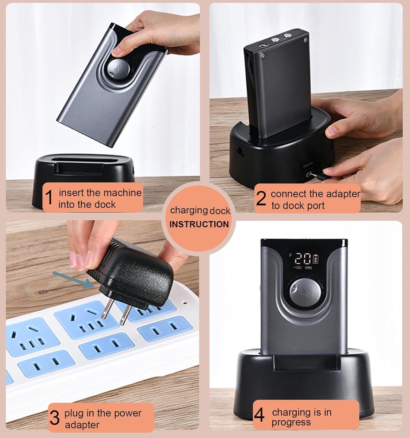 Step-by-step instructions for charging the Lumcrissy nail drill using its magnetic charging dock
