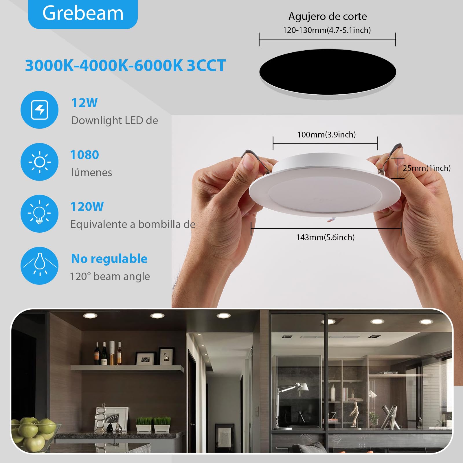 12er 12W Downlight LED 230V 3000K-6000K Focos IP44 para baño Agujero de corte Ø120-130mm Ojos de Buey LED Durable y retardante de llama