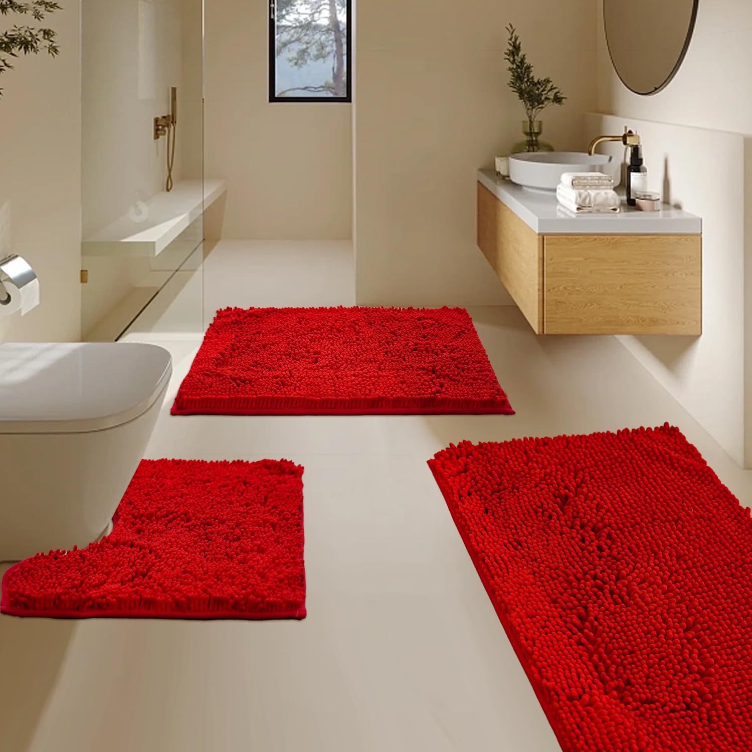 BOANKODU Bathroom Rugs Sets 3 Piece Super Soft Absorbent Bath mat Set with U-Shaped Toilet Rug Strong PVC
