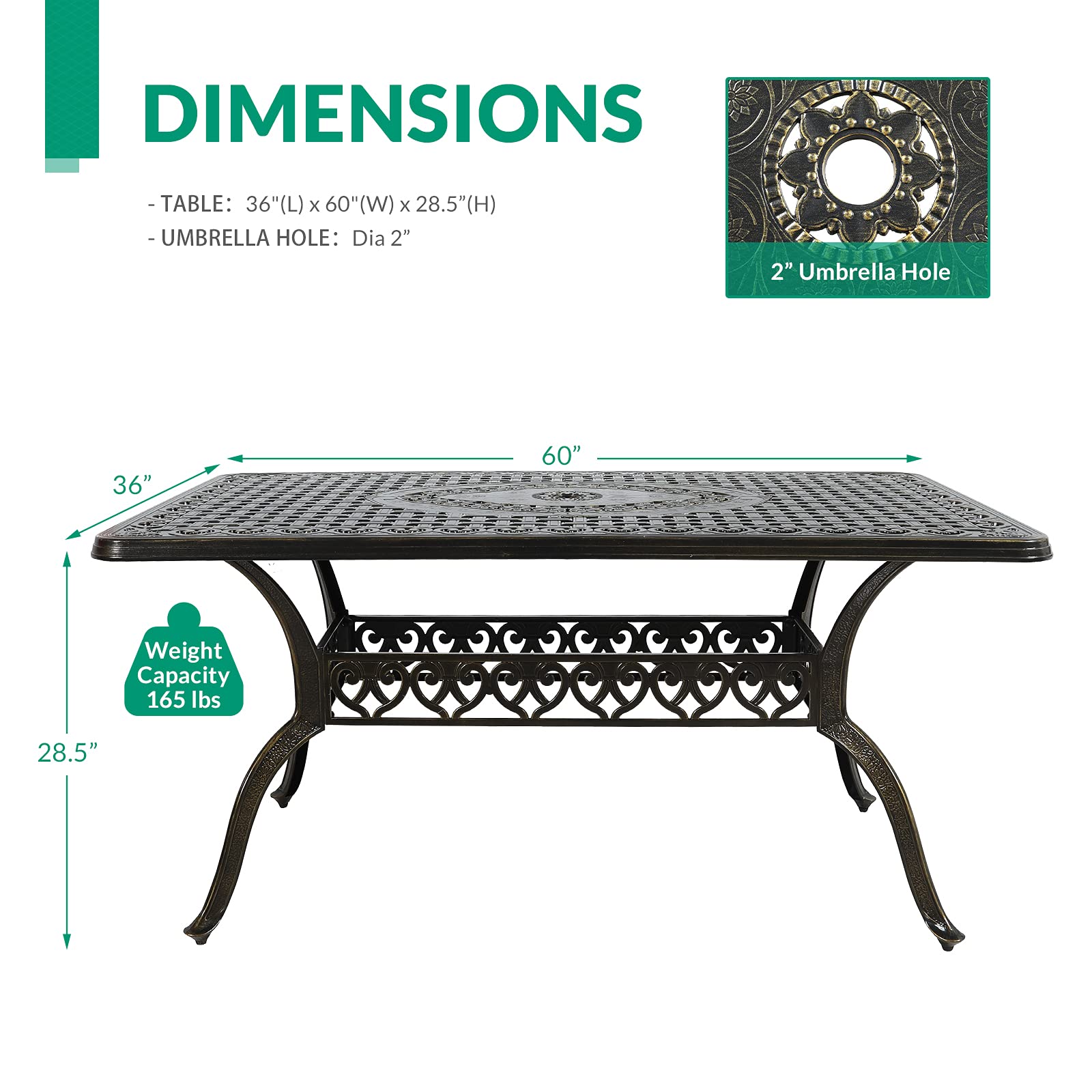 VIVIJASON Outdoor Patio Dining Rectangle Table Bronze Cast Aluminum Rustic Large Patio Table with Umbrella Hole : Patio, Lawn & Garden