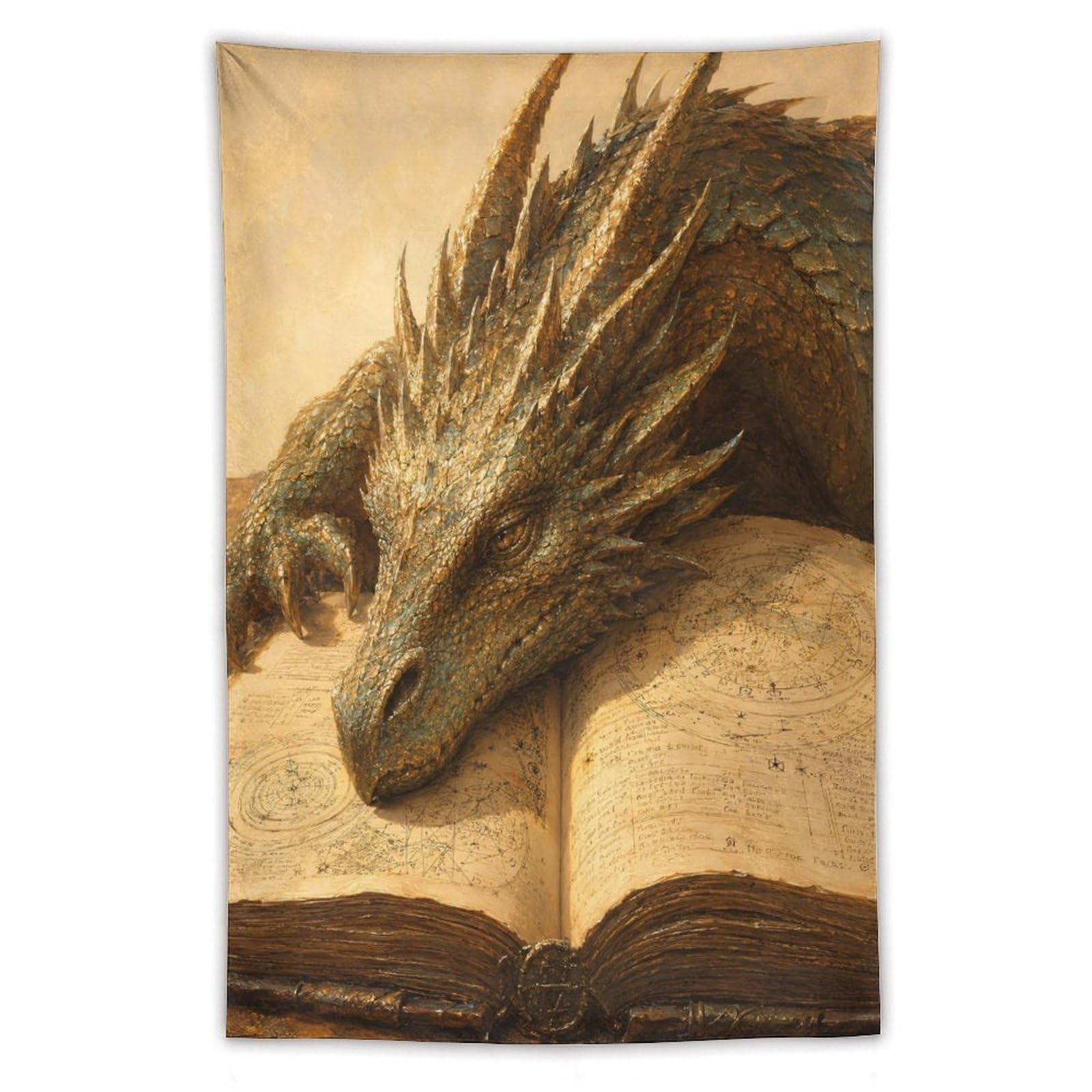 W7C8U2X3 Golden Dragon Sleeping on Book Wall Tapestry, Surrealist, Entryway