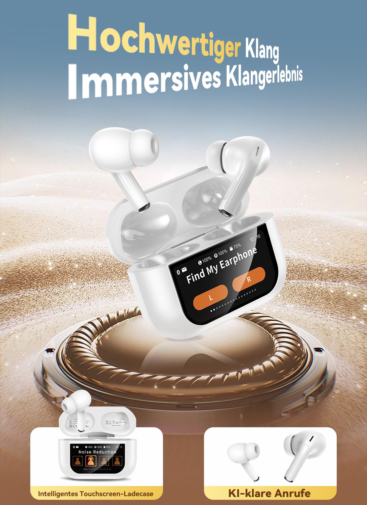ZZU Kopfhörer Kabellose Bluetooth mit Smart Touchscreen, 48 Std. Laufzeit, Bluetooth 5.4 In-Ear Ohrhörer mit ANC & ENC Geräuschunterdrückung, 5 EQ-Modi, HiFi Stereo, IPX7 Wasserdicht Lachs