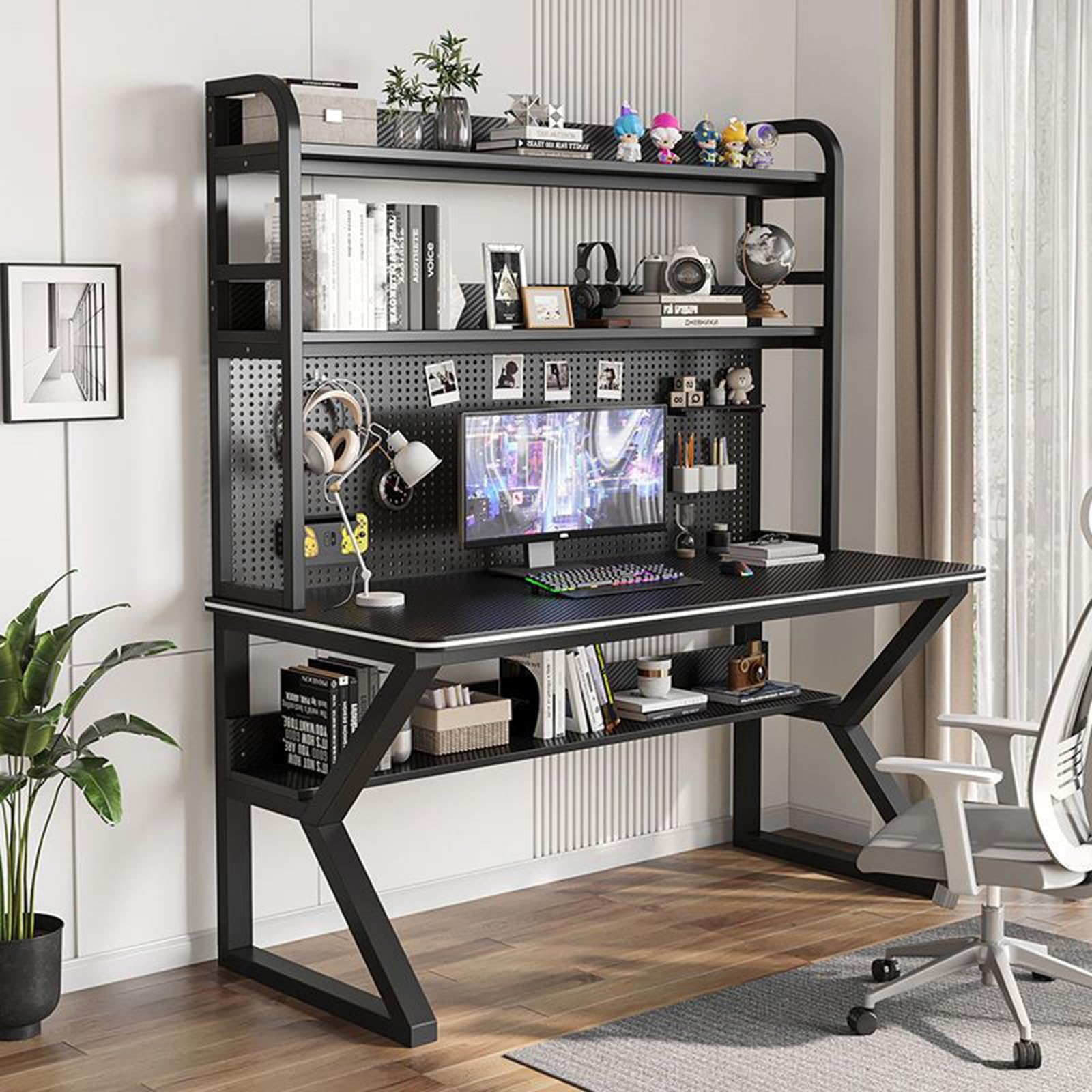 SXZenSpace Gaming Desk with Bookshelf Computer for Home & Office Pegboard Integrated Workspace Study Perfect Productivity