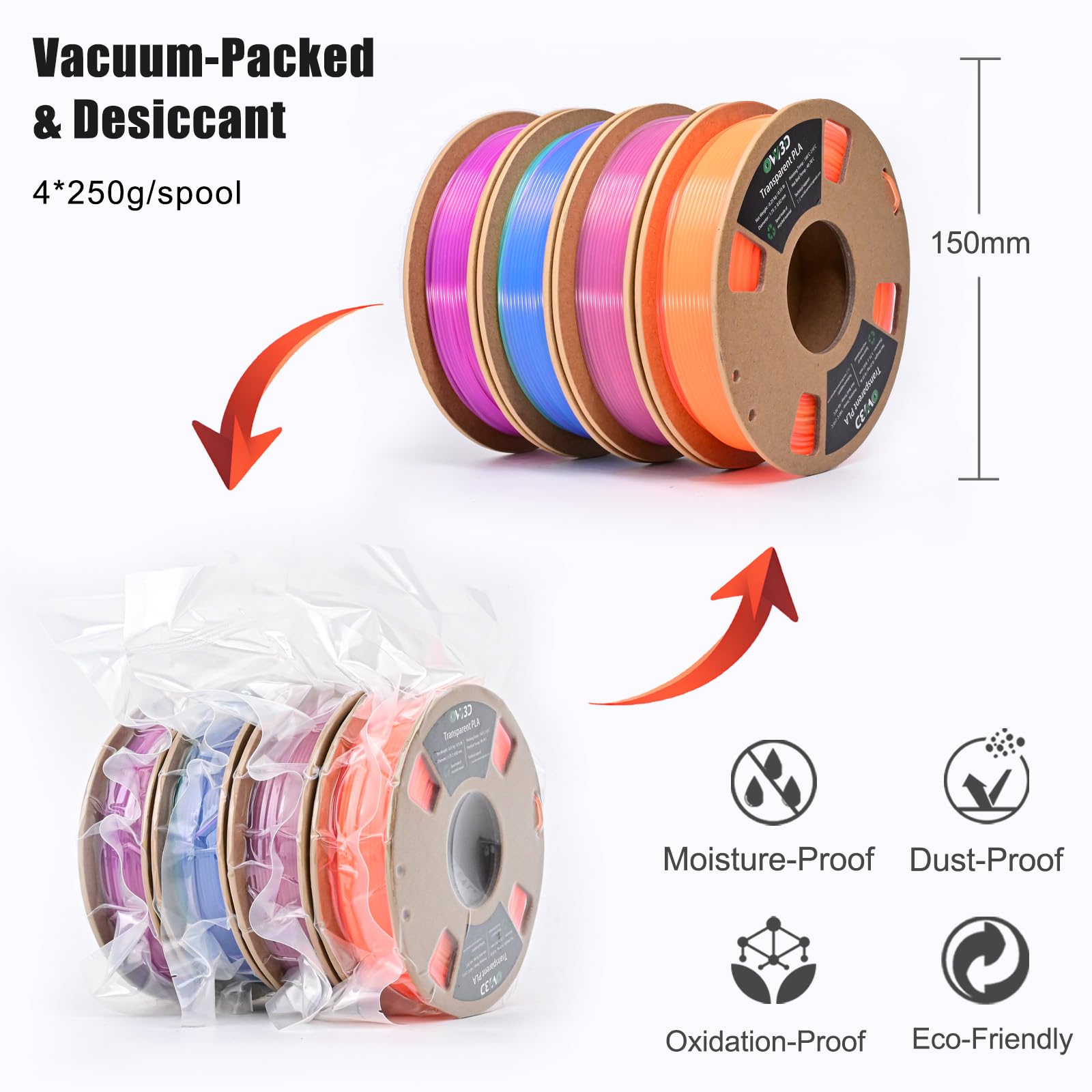 OVV3D Transparent Rainbow PLA Filament 1.75mm 200g X 4 Spools
