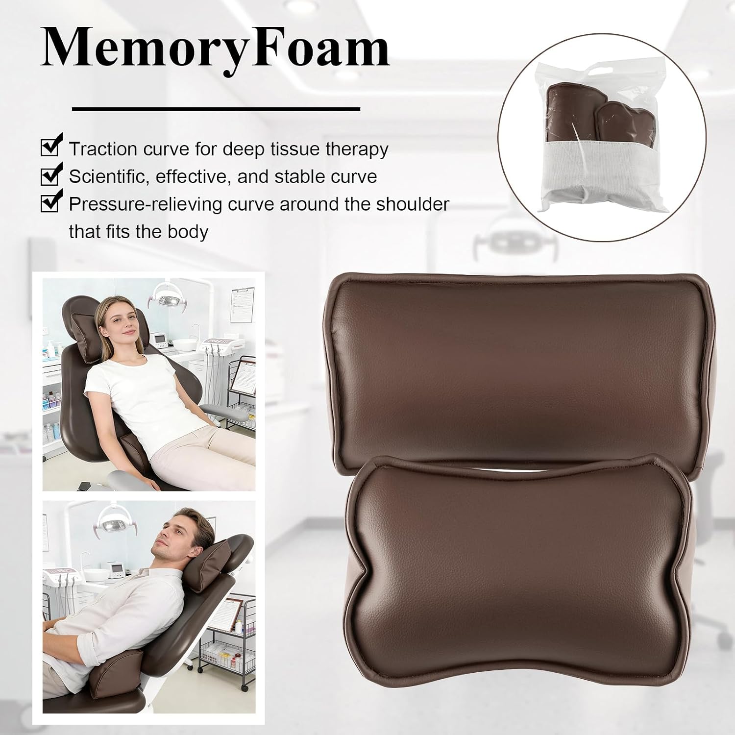Global-Dental Microfiber Leather Neck Pillow Waist Pillow Memory Cotton for Dentist Seats Micro Fiber Leather Memory Foam Chair Neck Waist Cushion Set (Brown)