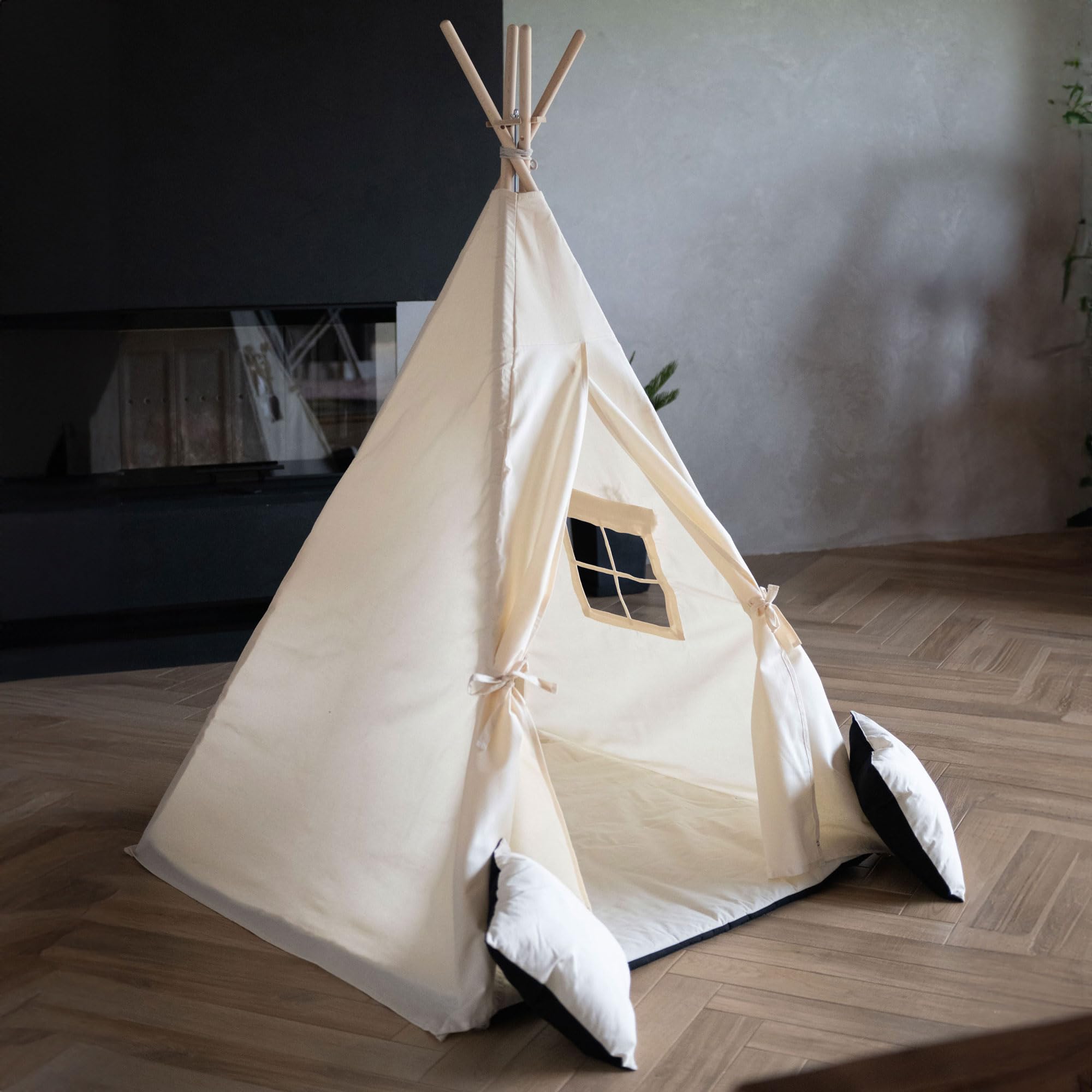 PaLulli® Tente tipi pour enfant en 100 % coton avec tapis douillet, système anti-collaps, stable, lampe suspendue de camping et 2 coussins décoratifs, tente de jeu Tippi, tente de jeu, beige