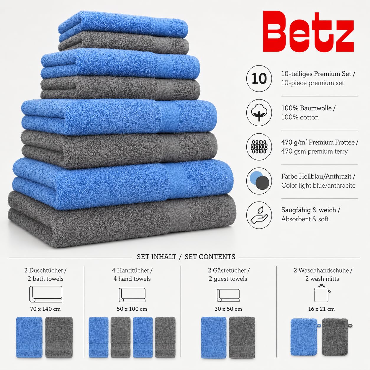 Betz 10-częściowy zestaw ręczników premium 100% bawełna 2 ręczniki kąpielowe 4 ręczniki do rąk 2 ręczniki dla gości 2 rękawice do mycia kolor jasnoniebieski antracyt