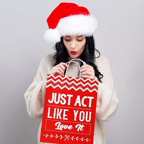 Miniatura 9 de Zonon 16 bolsas divertidas de Navidad, copos de nieve verdes y rojos, renos, bolsas de papel reutilizables, bolsas de regalo medianas y grandes para