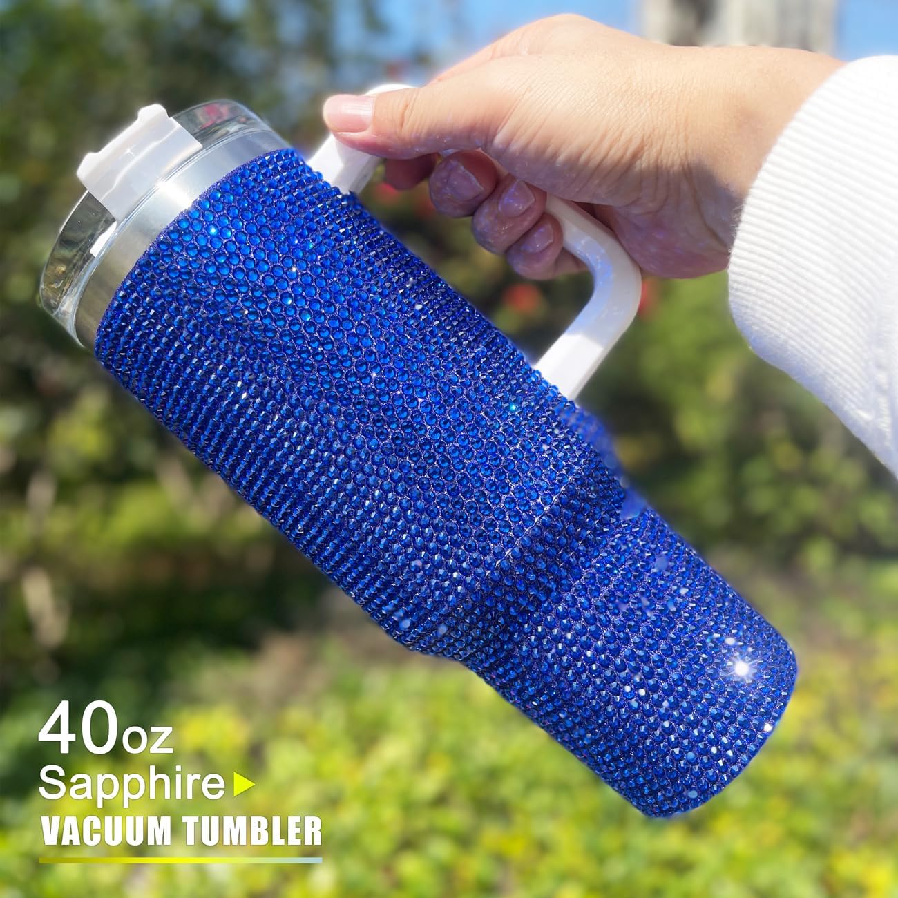 40 oz Sapphire Bling Rhinestone Stainless Steel Sippy Tumbler Glitter Vacuum Insulated Water Bottle with Straw & Lid &Handle,Sparkle Car Cup Holder,Keeps Cold 12 Hours Drinks,Coffee