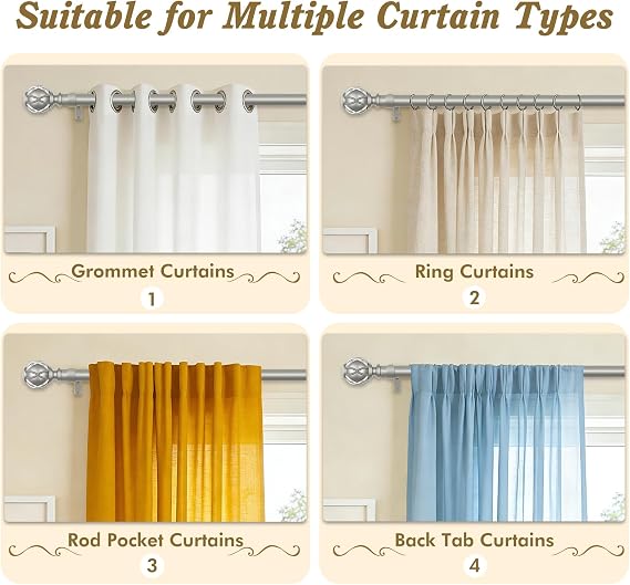 Curtain Rods for Windows 2 Pack 32-58 Inches, Antique Silver | 6/8 Diameter, 22lbs Weight Capacity, Decorative Adjustable Drapery Rod, Fit for Windows 40-53 Inches, Netted Texture Finials