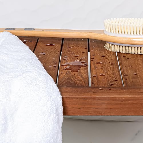 Miniatura 2 de Best Home Fashion Mesa de banco de ducha de teca con estante, mesa auxiliar grande para baño y spa, 14 pulgadas de ancho x 30 pulgadas de largo x 18