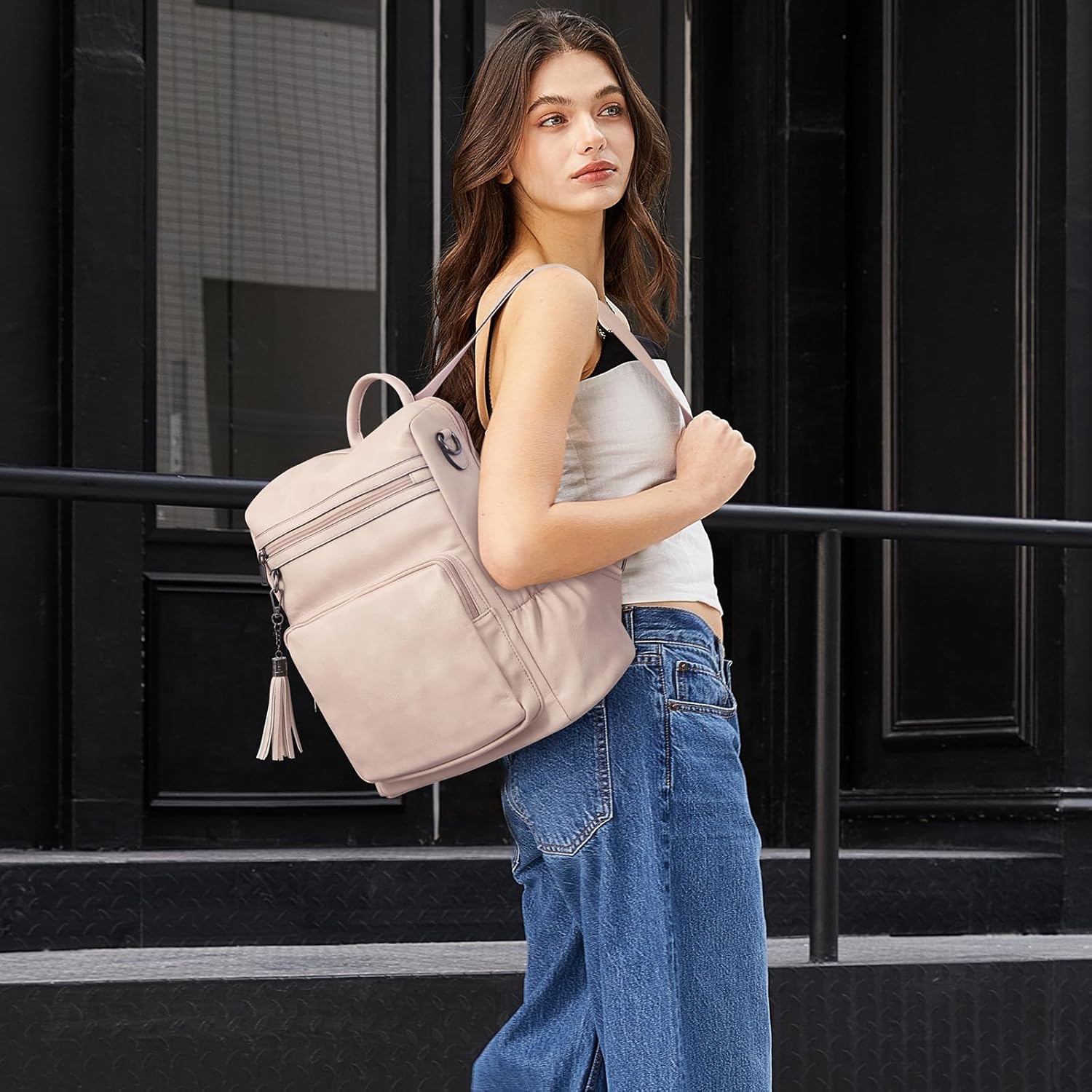 CLUCI Backpack Purse for Women Fashion Two Toned Leather Designer Travel Large Ladies Shoulder Bags with Tassel pink - Image 2