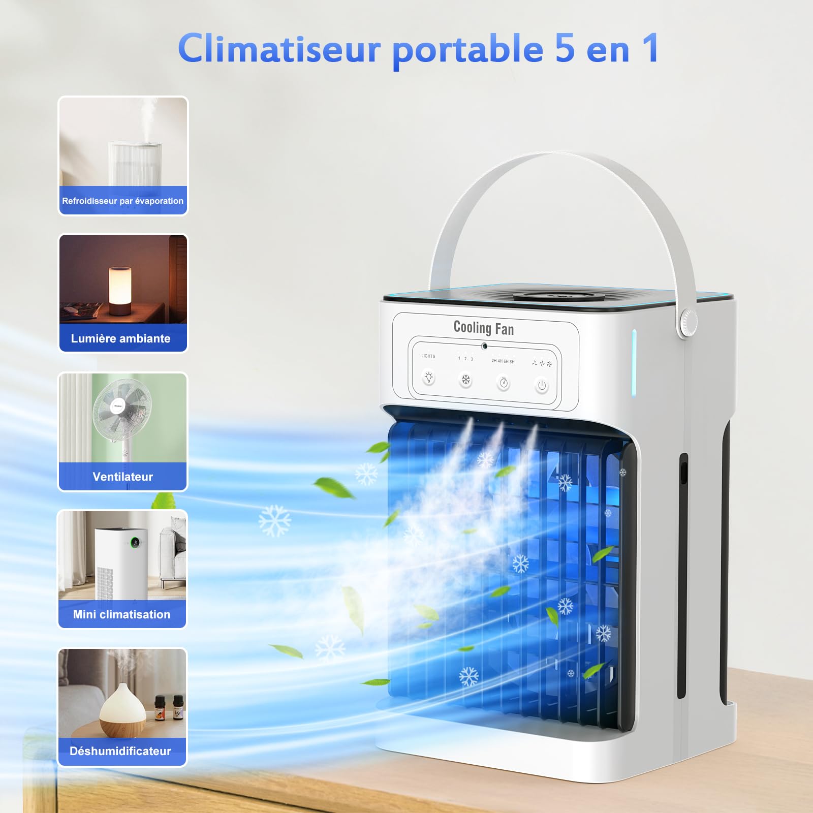 Portable Climatiseur Mobile, 1100ML Rafraichisseur d'air avec 3 Vitesses d'air & 3 Brumes de Refroidissement, 2-8H Timer & 7 LED,USB Clim Mobile pour Chambres,Appartements et Bureaux