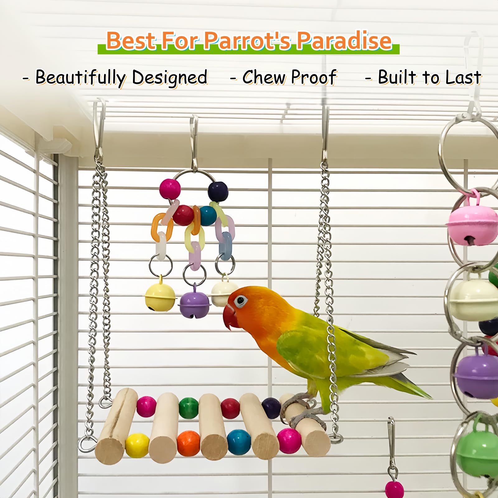 7 Packs Bird Toys for Parakeets, Colorful Parrot Toys with Swings, Bells, Beads, and Perches, Natural Wood Bird Cage Toys for Cockatiels, Lovebirds, Budgies, Conures, and Small Birds - image 4