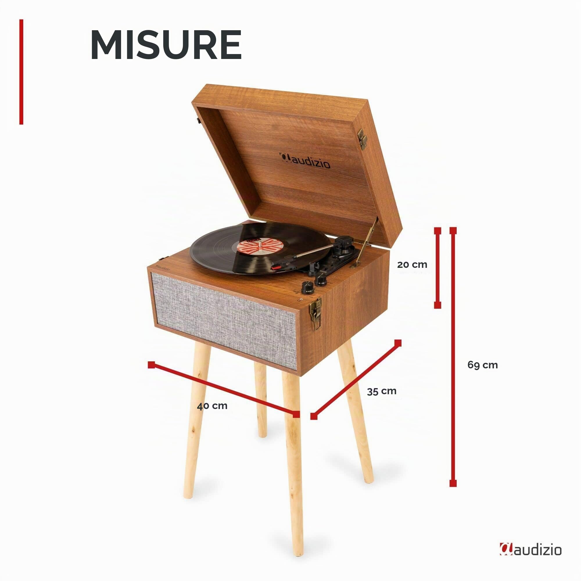 Audizio Fremont - Giradischi retrò con gambe, ingresso Bluetooth, registrazione vinile a MP3, supporto rimovibile, altoparlanti stereo integrati