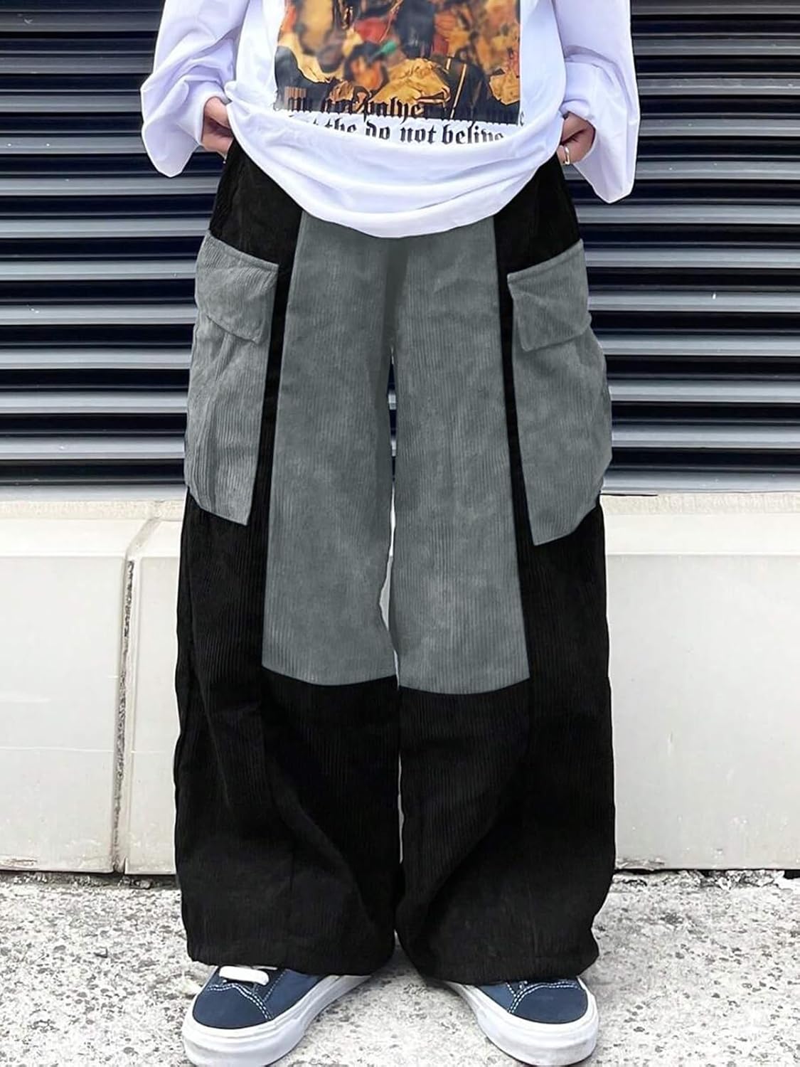 ZAFUL Men's Corduroy Cargo Pants Two-Tone Baggy Track Pants Unisex Streetwear Y2K Pants Casual Trouser - Image 2