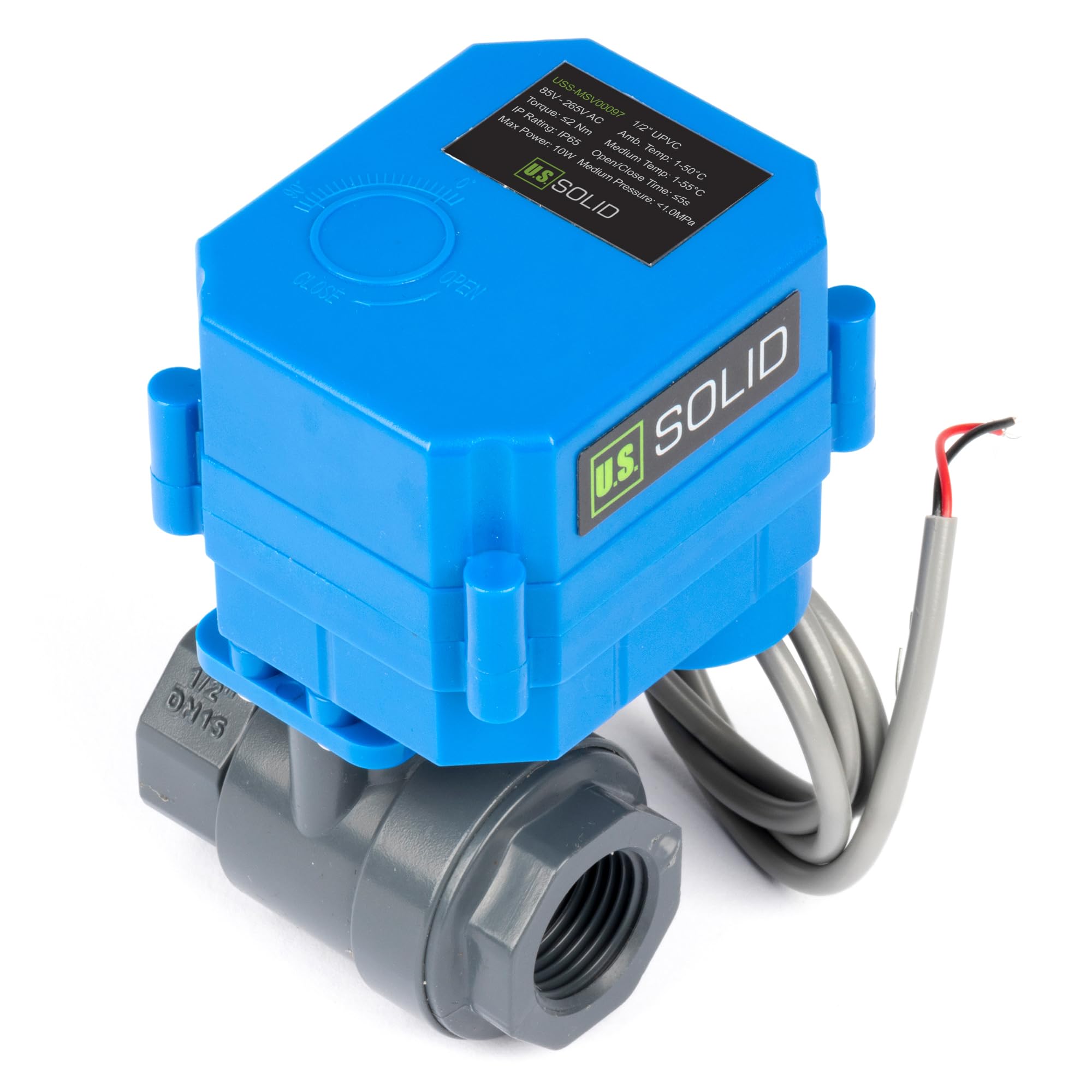 U.S. Solid Zmotoryzowany zawór kulowy UPVC 1/2" – elektryczny zawór kulowy z tworzywa sztucznego z pełnym portem, automatyczny powrót 2 przewody, 85-265V AC, normalnie zamknięty