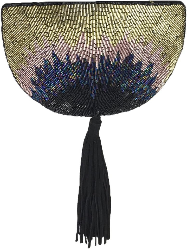 Fiona Beaded Half Moon Convertilbe Clutch with Tassel, Gold Multi