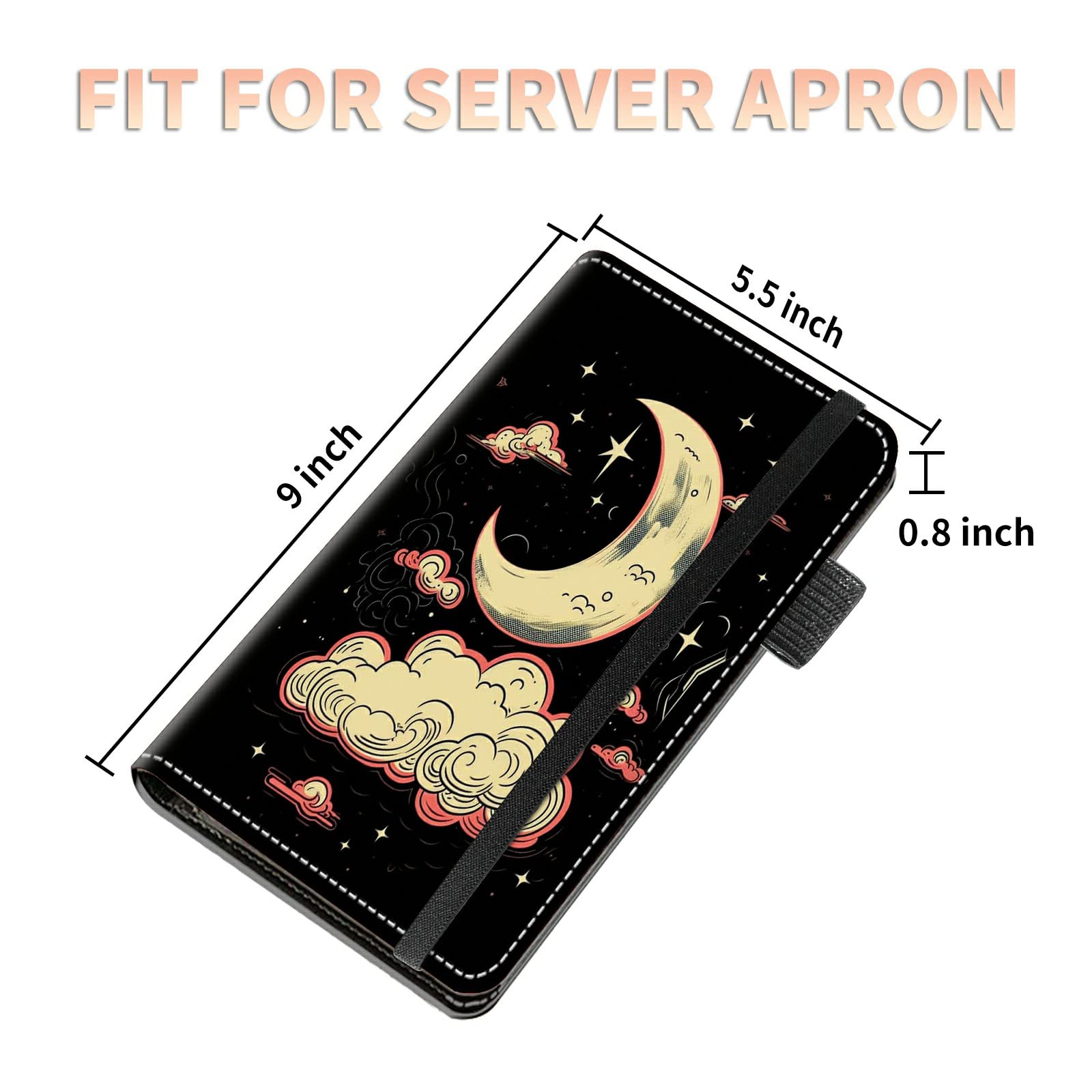 High Volume Server Books, Moon Cloud Server Book w/ 2 Expandable Pockets 9 x 5 Cute Waitress Book Zipper Pocket & Strap Closure Waitstaff Organizer Server Booklet Waiter Money Wallet