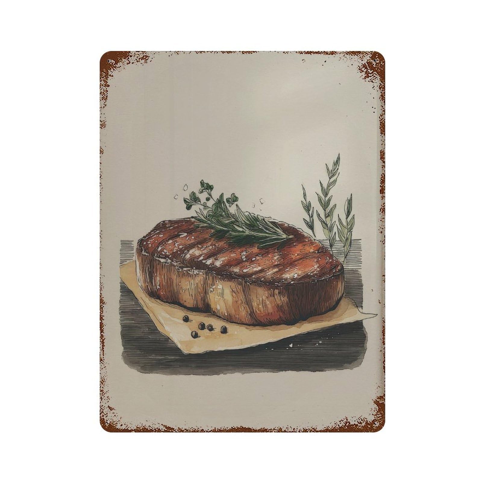 xiaoxiaoshen Food Handdrawn Steak Illustration on Matte Paper Wall Decor Art Metal Tin Poster Modern Home Decor Art Home Bar Shop Decorations Vintage Sign 40x30cm