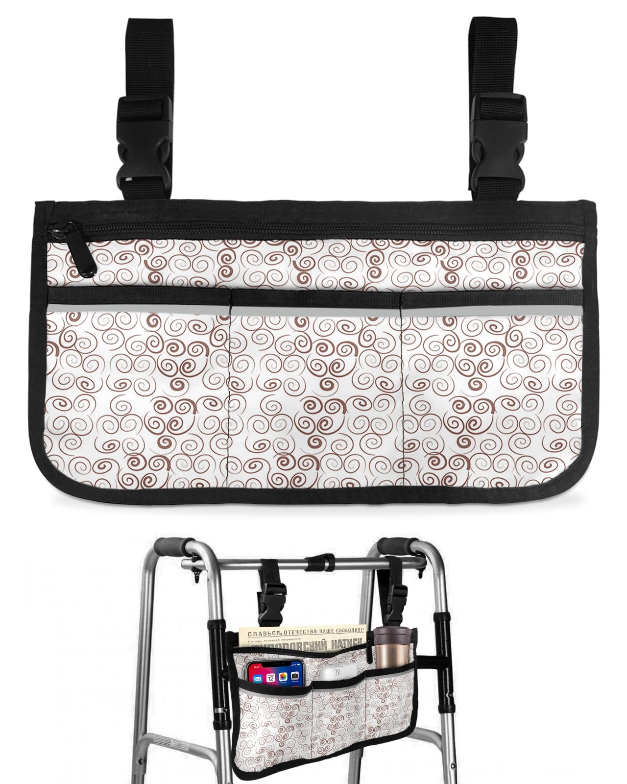 Hand Drawn Circle Wheelchair Side Bag Walker Bag, Simple Line Art Wheelchair Accessories Armrest Pouch, Organizer Storage Bag for Walkers, Rollators, Scooters, 7.3''x13''
